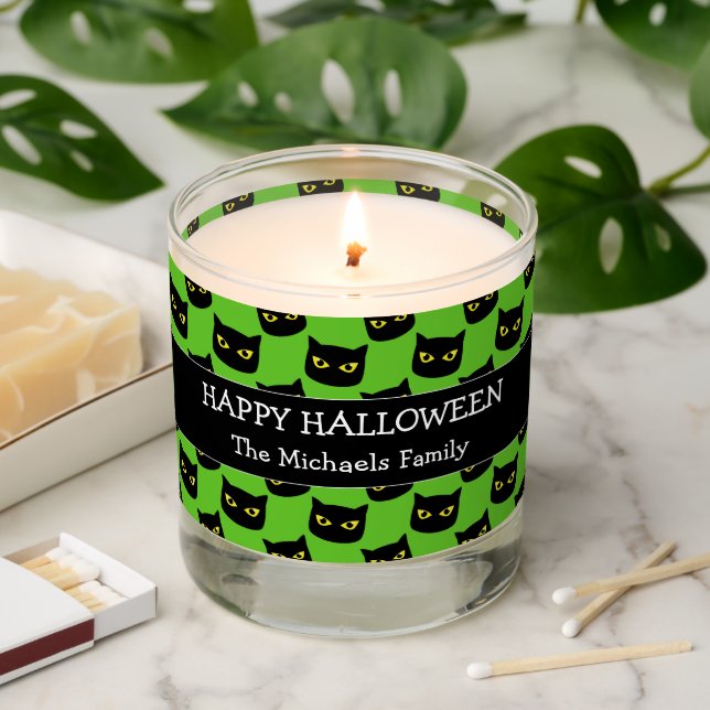 Happy Halloween black cat eyes Family name green Scented Candle (Lit)