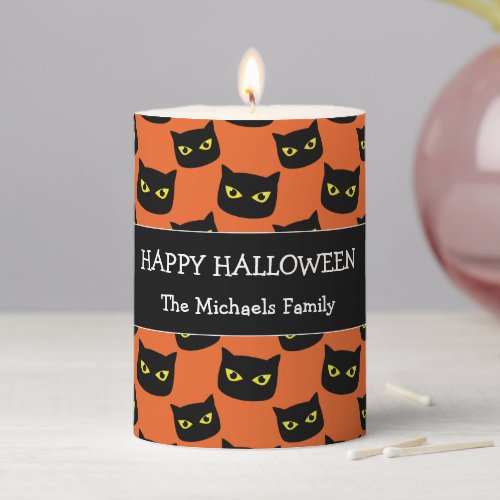 Happy Halloween black cat eyes Family name orange Pillar Candle