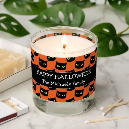Happy Halloween black cat eyes Family name orange Scented Candle