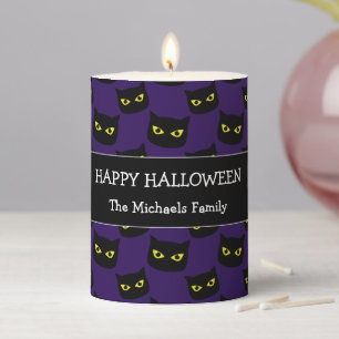 Happy Halloween black cat eyes Family name purple Pillar Candle