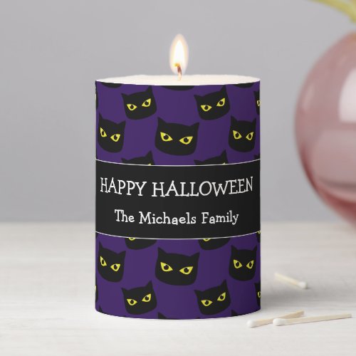Happy Halloween black cat eyes Family name purple Pillar Candle