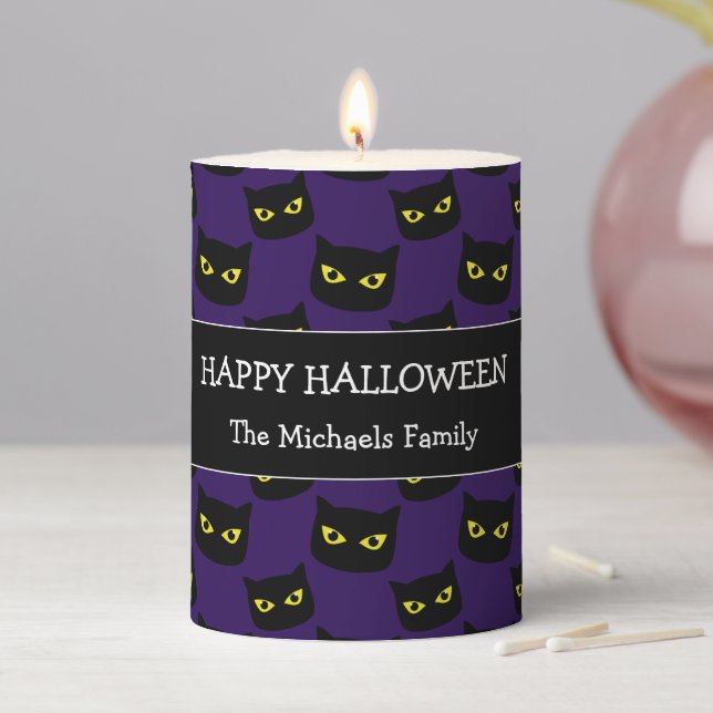 Happy Halloween black cat eyes Family name purple Pillar Candle (In Situ)