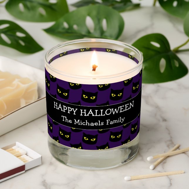 Happy Halloween black cat eyes Family name purple Scented Candle (Lit)