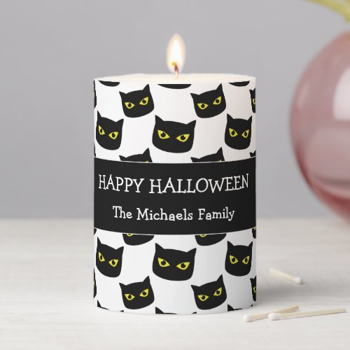 Happy Halloween black cat eyes Family name white Pillar Candle