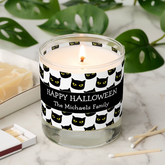Happy Halloween black cat eyes Family name white Scented Candle (Lit)
