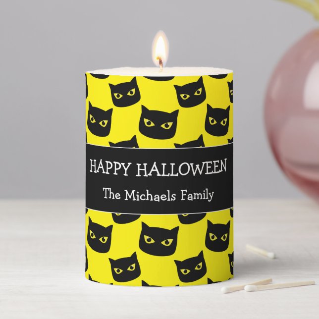 Happy Halloween black cat eyes Family name yellow Pillar Candle (In Situ)