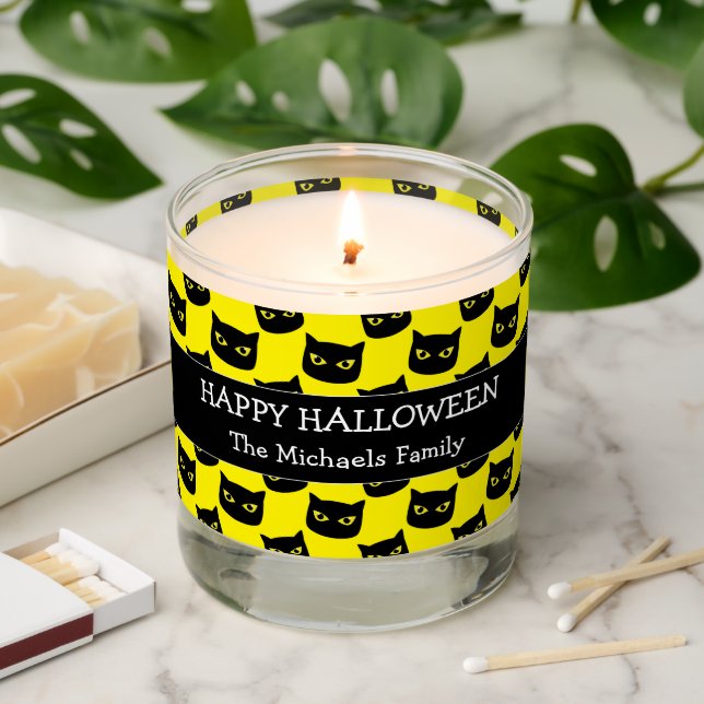 Happy Halloween black cat eyes Family name yellow Scented Candle (Lit)