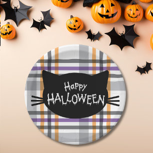 Happy Halloween Black Cat Face Silhouette Paper Plates
