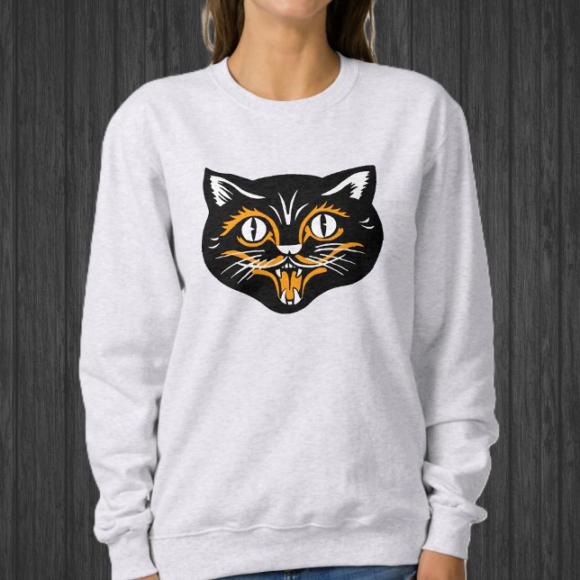 Happy Halloween black Cat Face With Orange White Sweatshirt (Happy Black cat face for Halloween with orange and white accents on sweatshirt.)