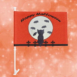 Happy Halloween Black Cat Fence Moon Bats Car Flag
