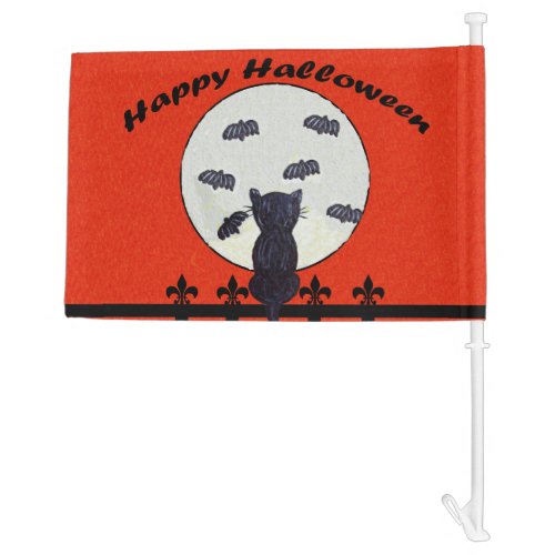 Happy Halloween Black Cat Fence Moon Bats Car Flag