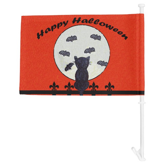 Happy Halloween Black Cat Fence Moon Bats Car Flag (Back)