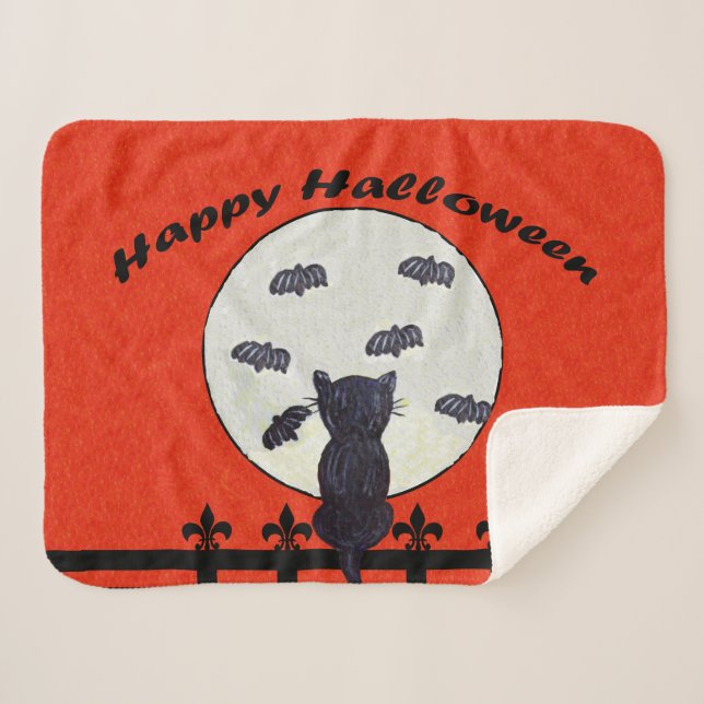 Happy Halloween Black Cat Fence Moon Flying Bats Sherpa Blanket (Front (Horizontal))