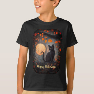 Happy Halloween Black Cat Full Moon Art T-Shirt