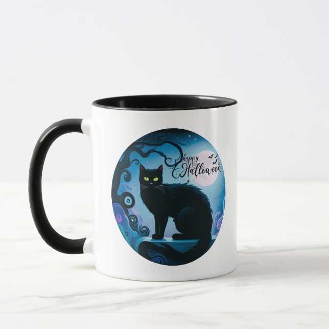 Happy Halloween Black Cat Full Moon Halloween Mug (Left)
