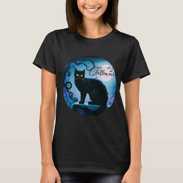 Happy Halloween Black Cat Full Moon Halloween T-Shirt (Front)