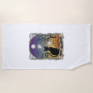 Happy Halloween Black Cat Ghosts Pumpkins_1 Beach Towel