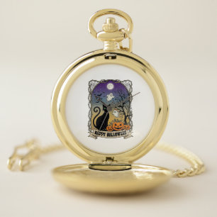 Happy Halloween Black Cat Ghosts Pumpkins_1 Pocket Watch