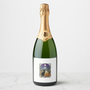 Happy Halloween Black Cat Ghosts Pumpkins_1 Sparkling Wine Label