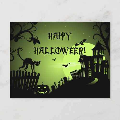 Happy Halloween Black Cat Haunted House Postcard