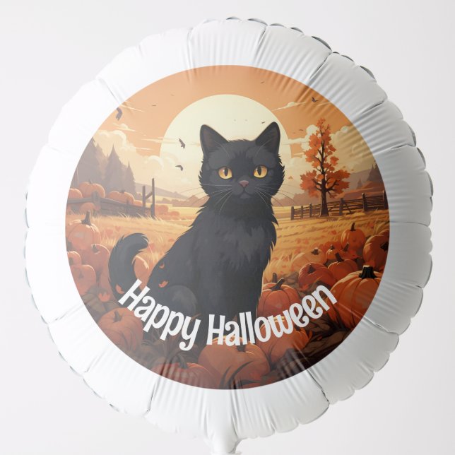 Happy Halloween Black Cat in a Pumpkin Patch Balloon (Front)