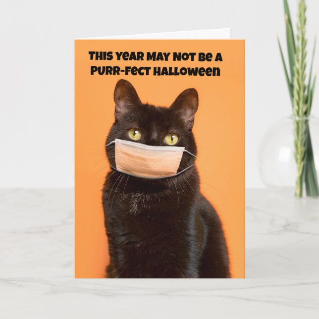 Happy Halloween Black cat in Face Mask Humor Holiday Card (Front)