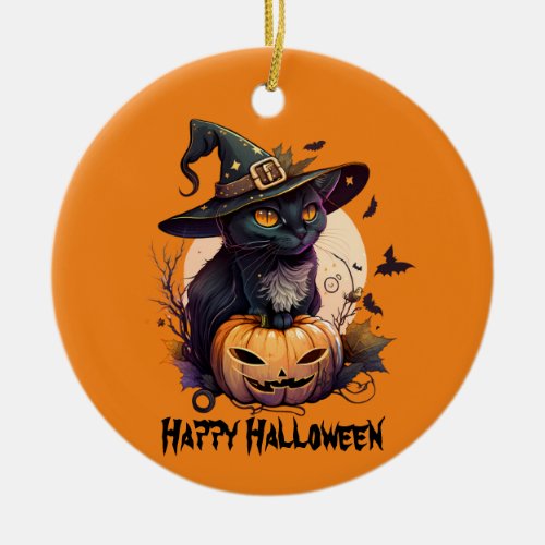 Happy Halloween Black Cat  Jack_o_Lantern Ceramic Ornament