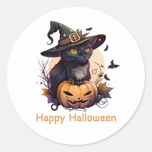 Happy Halloween Black Cat Jack_o_Lantern Classic Round Sticker