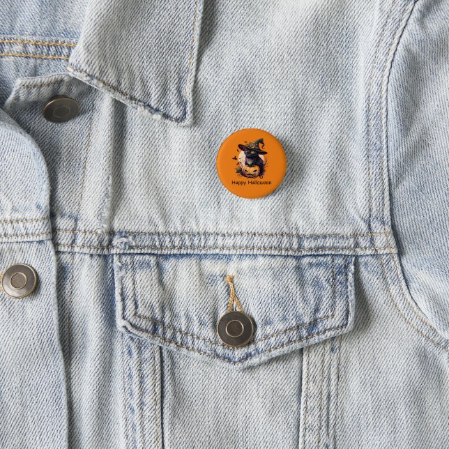 Happy Halloween Black Cat Jack-o-Lantern Orange Button (In Situ)