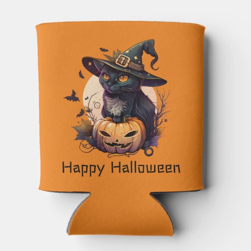 Happy Halloween Black Cat Jack_o_Lantern Orange Can Cooler
