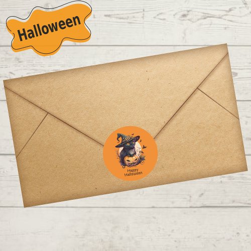 Happy Halloween Black Cat Jack_o_Lantern Orange Classic Round Sticker