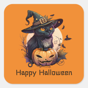 Happy Halloween Black Cat Jack-o-Lantern Orange Square Sticker