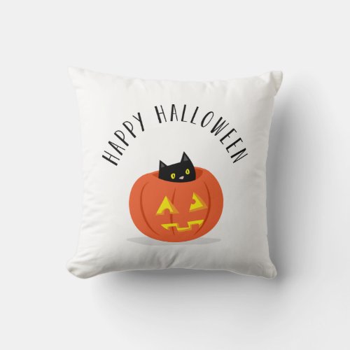 Happy Halloween Black Cat Jack O Lantern Pumpkin Throw Pillow