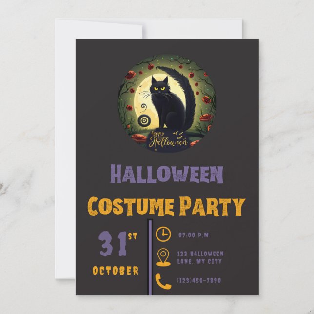 Happy Halloween Black Cat Moon Black Halloween Invitation (Front)