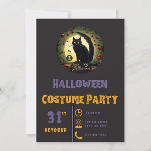 Happy Halloween Black Cat Moon Black Halloween Invitation