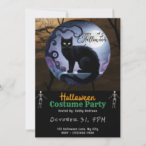 Happy Halloween Black Cat Moon Black Halloween Invitation