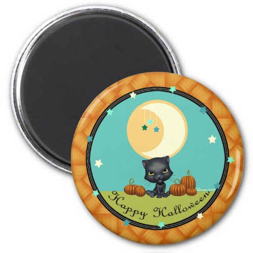 Happy Halloween Black Cat Moon Round Magnet