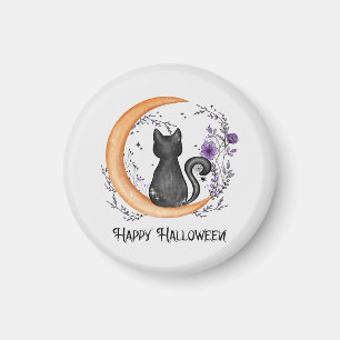 Happy Halloween – Black Cat on Crescent Moon Magnet