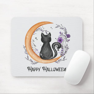 Happy Halloween – Black Cat on Crescent Moon Mouse Pad