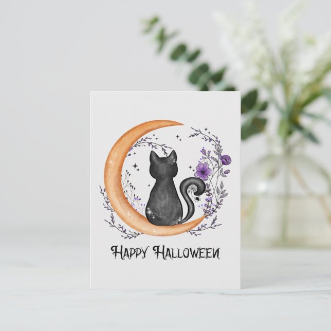Happy Halloween – Black Cat on Crescent Moon Postcard (Standing Front)