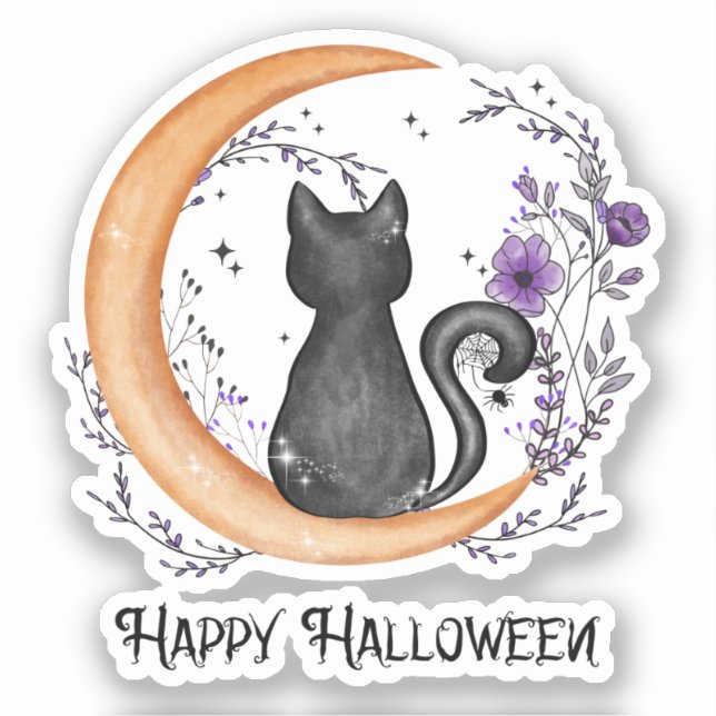 Happy Halloween – Black Cat on Crescent Moon Sticker (Front)