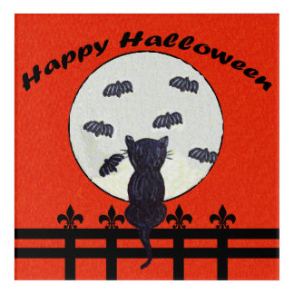 Happy Halloween Black Cat on Fence Full Moon Bats Acrylic Print