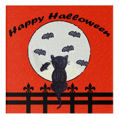 Happy Halloween Black Cat on Fence Full Moon Bats Acrylic Print