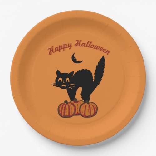 Happy Halloween _ Black Cat on Orange Paper Plates