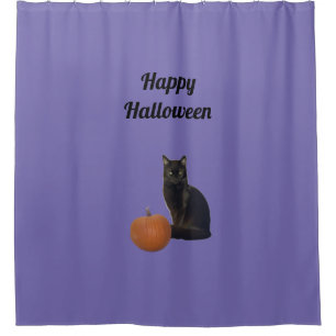 Happy Halloween Black Cat Orange Pumpkin Purple Shower Curtain