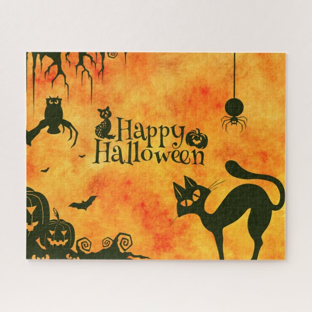 Happy Halloween Black cat, owl, pumpkins Jigsaw Puzzle (Horizontal)