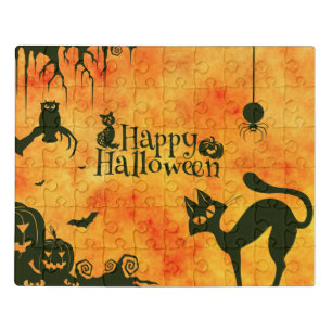 Happy Halloween Black cat, owl, pumpkins Jigsaw Puzzle