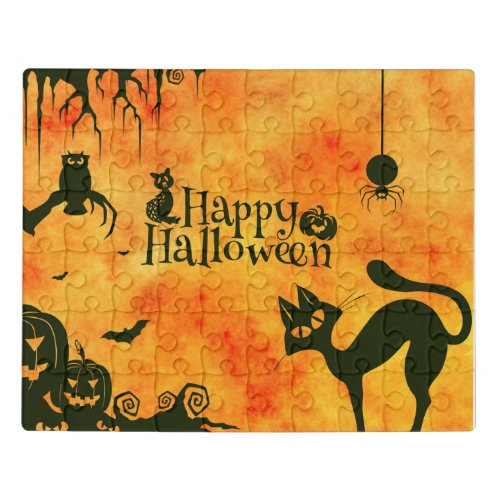Happy Halloween Black cat owl pumpkins Jigsaw Puzzle
