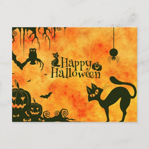 Happy Halloween Black cat owl pumpkins Postcard