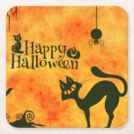 Happy Halloween Black cat, owl, pumpkins Square Paper Coaster